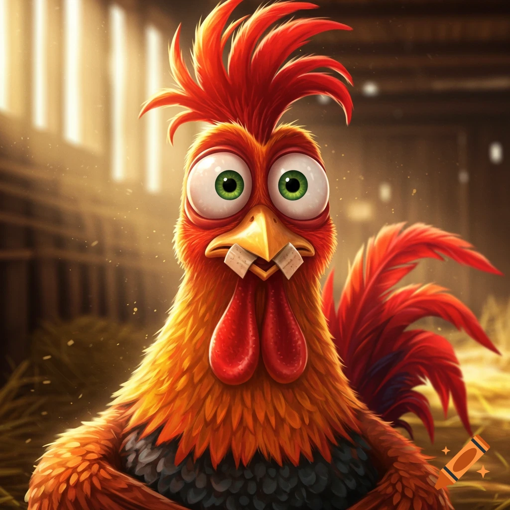 A vibrant cartoon rooster with a spiky red comb, large green eyes, and white tape on its yellow beak, in a dimly lit barn.