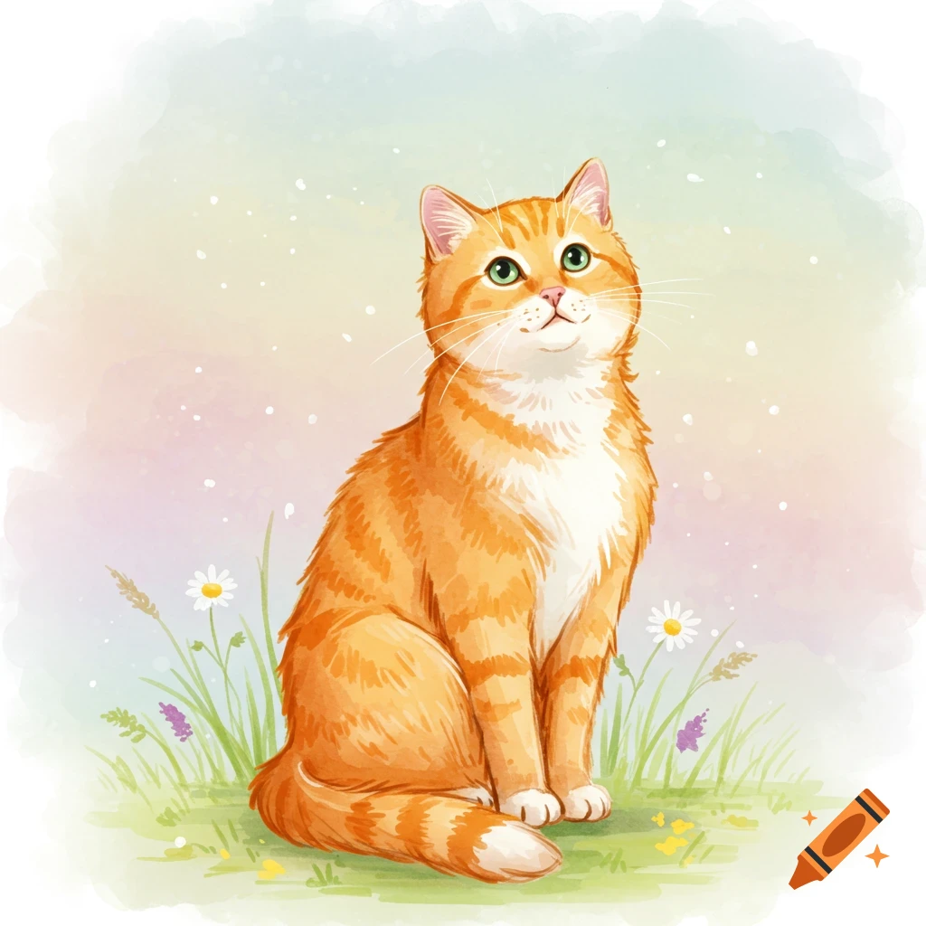 A whimsical watercolor illustration of a fluffy orange cat with green eyes sitting peacefully in a grassy field with daisies.