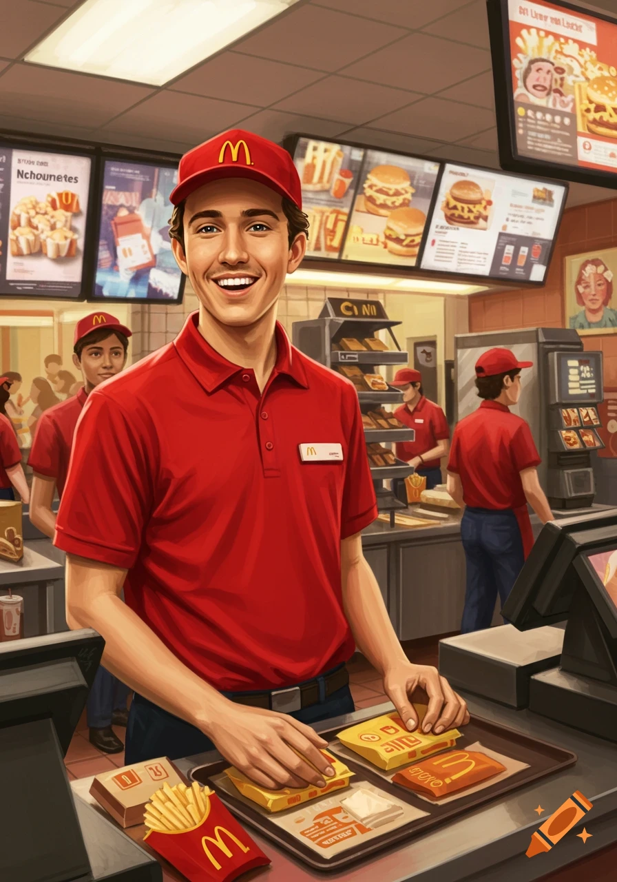 A young male McDonald's employee in a red uniform smiles behind the counter, preparing an order with fries and burgers. Illustrated in a vibrant style.