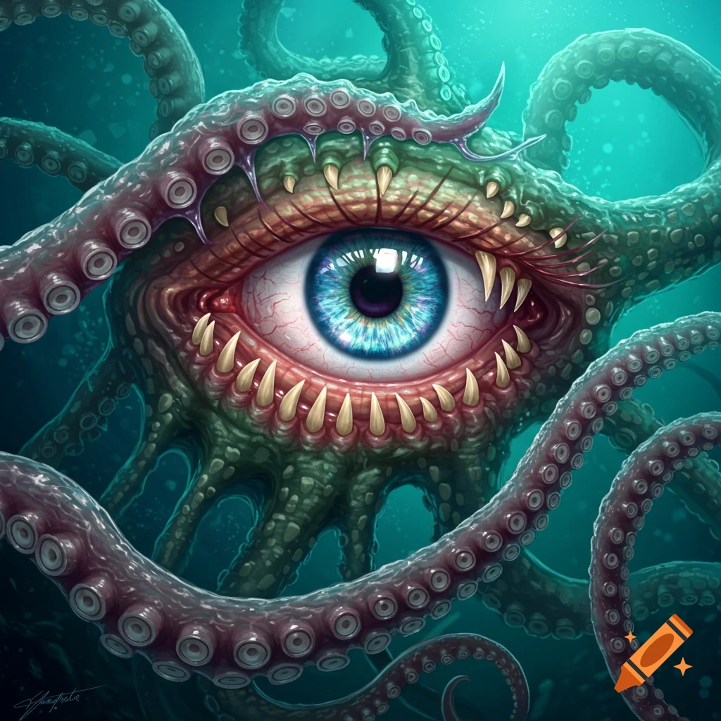 A detailed, bio-organic monstrous eye with a blue iris, surrounded by gnashing teeth and intertwining octopus tentacles underwater.