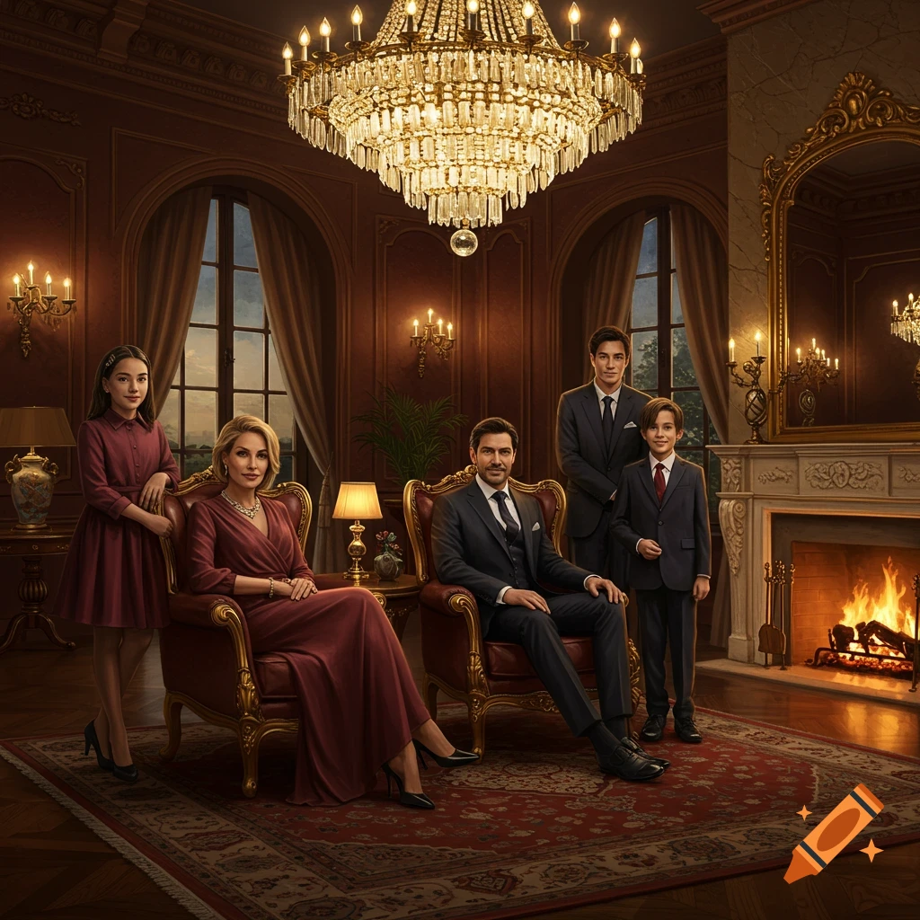 Photorealistic portrait of a formally dressed family in a luxurious, grand room with a chandelier and fireplace.