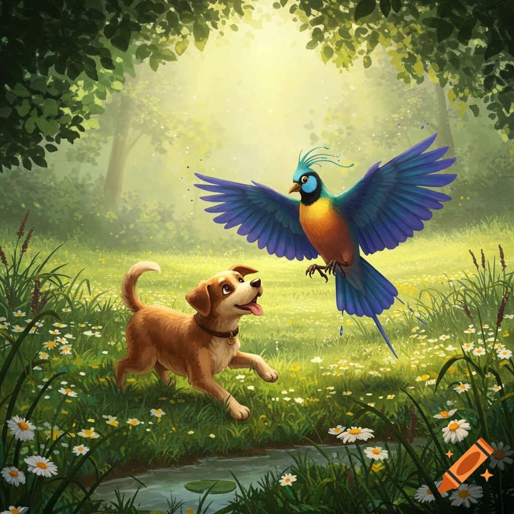 A happy brown dog looks up at a vibrant blue and orange bird flying over a stream in a sunny, green forest meadow filled with white flowers.