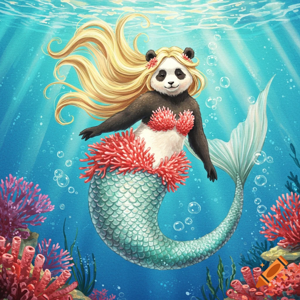 Illustrated mermaid panda with long blonde hair and coral top, swimming underwater.