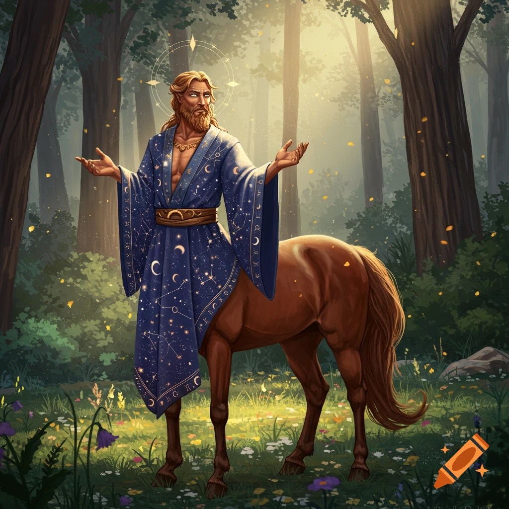 A bearded centaur in a starry blue robe stands with outstretched arms in a sunlit fantasy forest.
