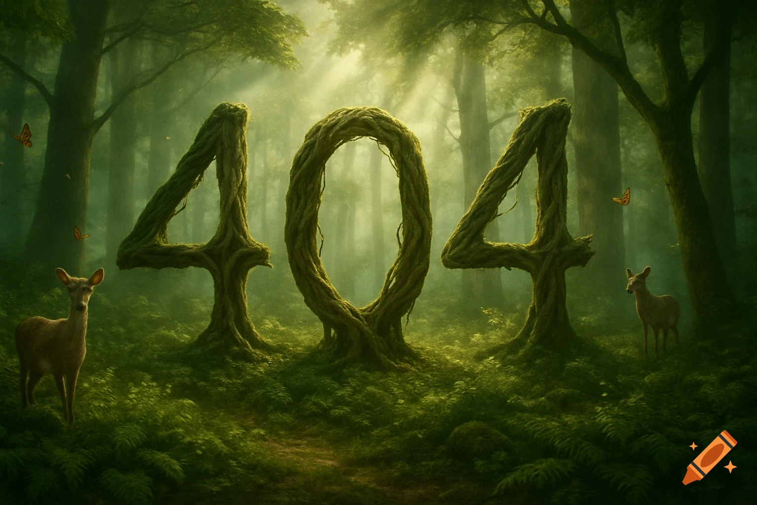 Numbers 404 stylized as ancient trees in a magical, misty forest with deer and butterflies.