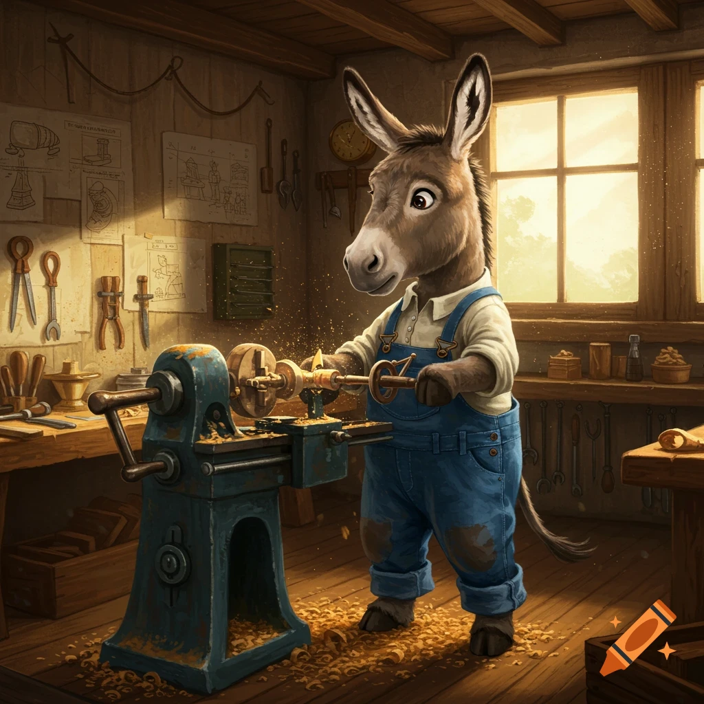An anthropomorphic donkey in blue overalls works at a spinning wooden lathe in a cluttered workshop.