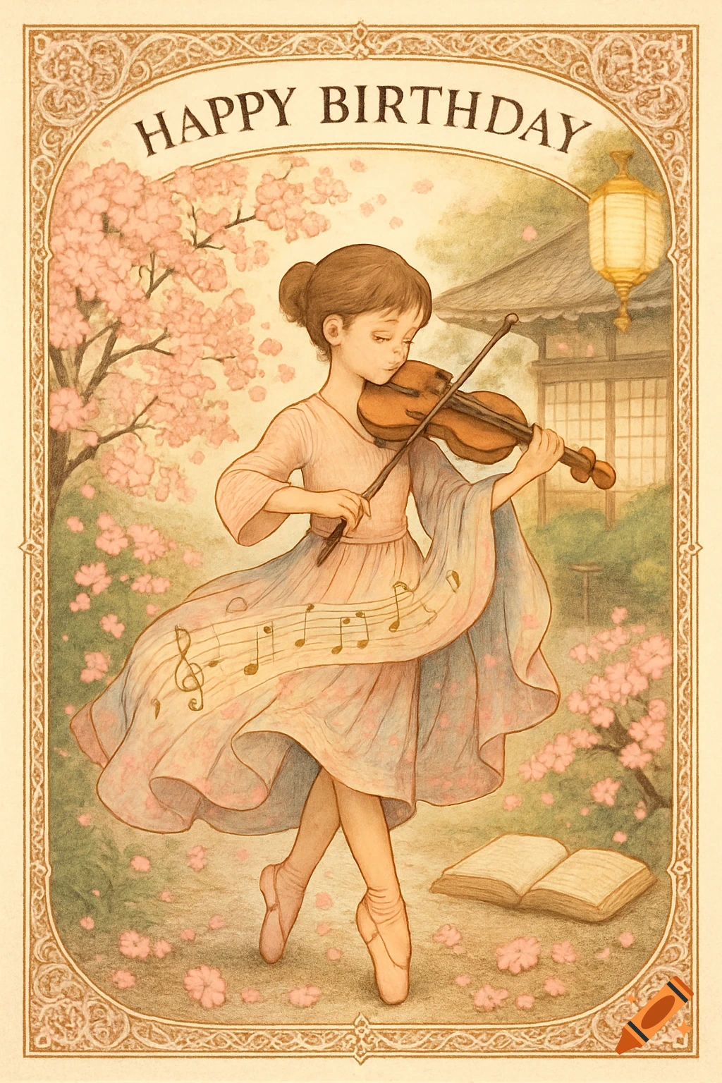 Illustrated birthday card featuring a young girl in ballet slippers playing a violin with musical notes flowing from it. Cherry blossoms and a Japanese lantern are in the background. Text reads "HAPPY BIRTHDAY".