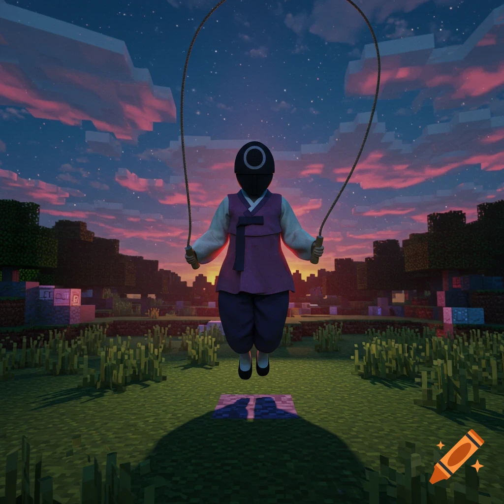 A blocky Squid Game guard with a circle mask jumps rope in a Minecraft-style landscape at sunset.