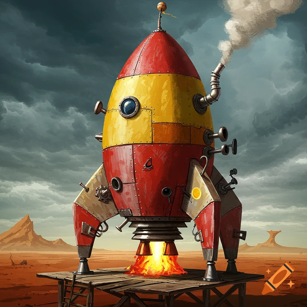 An illustrated red and yellow steampunk-style rocket smokes on a wooden launch platform in a barren desert under a stormy sky, with fire coming from its engines.
