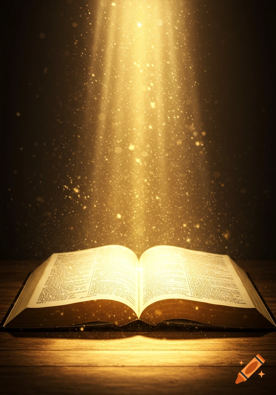 An open book, likely a Bible, rests on a wooden surface, illuminated by golden light rays and sparkling dust descending from above.