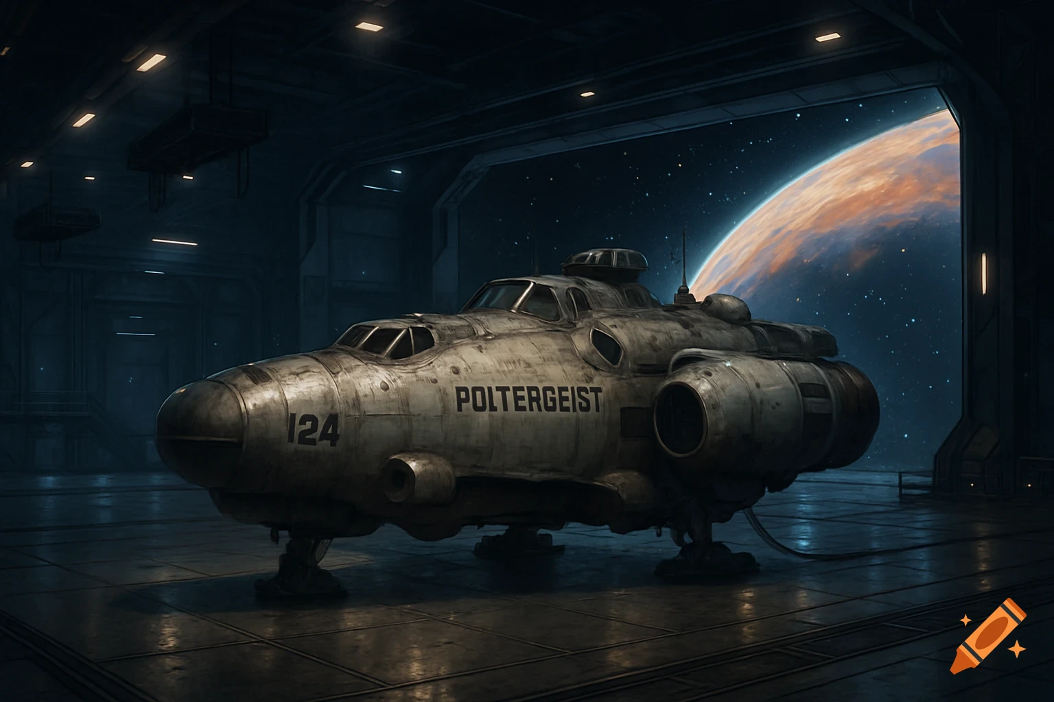 A detailed, gritty military surplus spacecraft named Poltergeist in a hangar with an open door revealing a planet and stars.