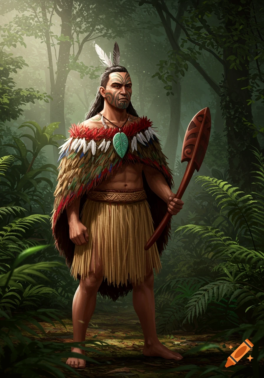 Male Maori warrior in a feathery cloak, straw skirt, and facial tattoos, holding a spear in a lush forest, fantasy art style.