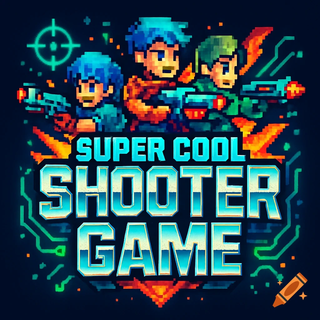 Pixel art logo for a retro shooter game, featuring three characters with guns above the text 'SUPER COOL SHOOTER GAME'.