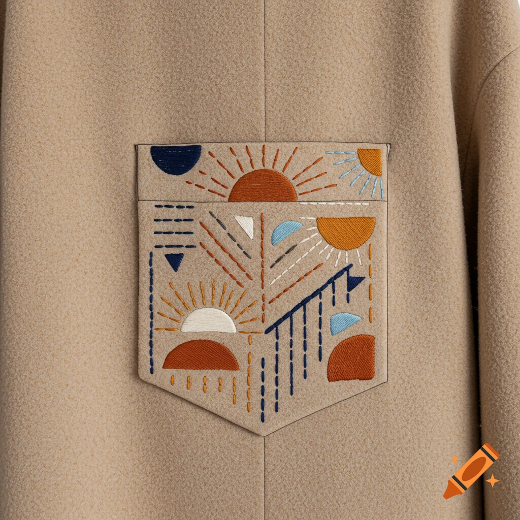 Close-up of a beige wool coat pocket with a modern abstract embroidery featuring geometric shapes and sun motifs.