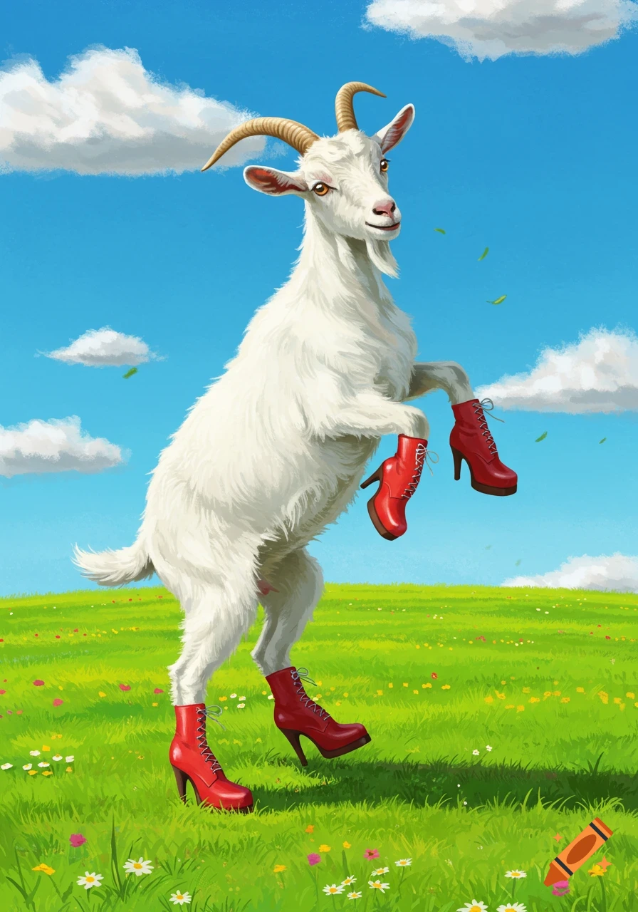 A white goat stands on its hind legs wearing red high-heeled boots in a sunny green field under a blue sky.
