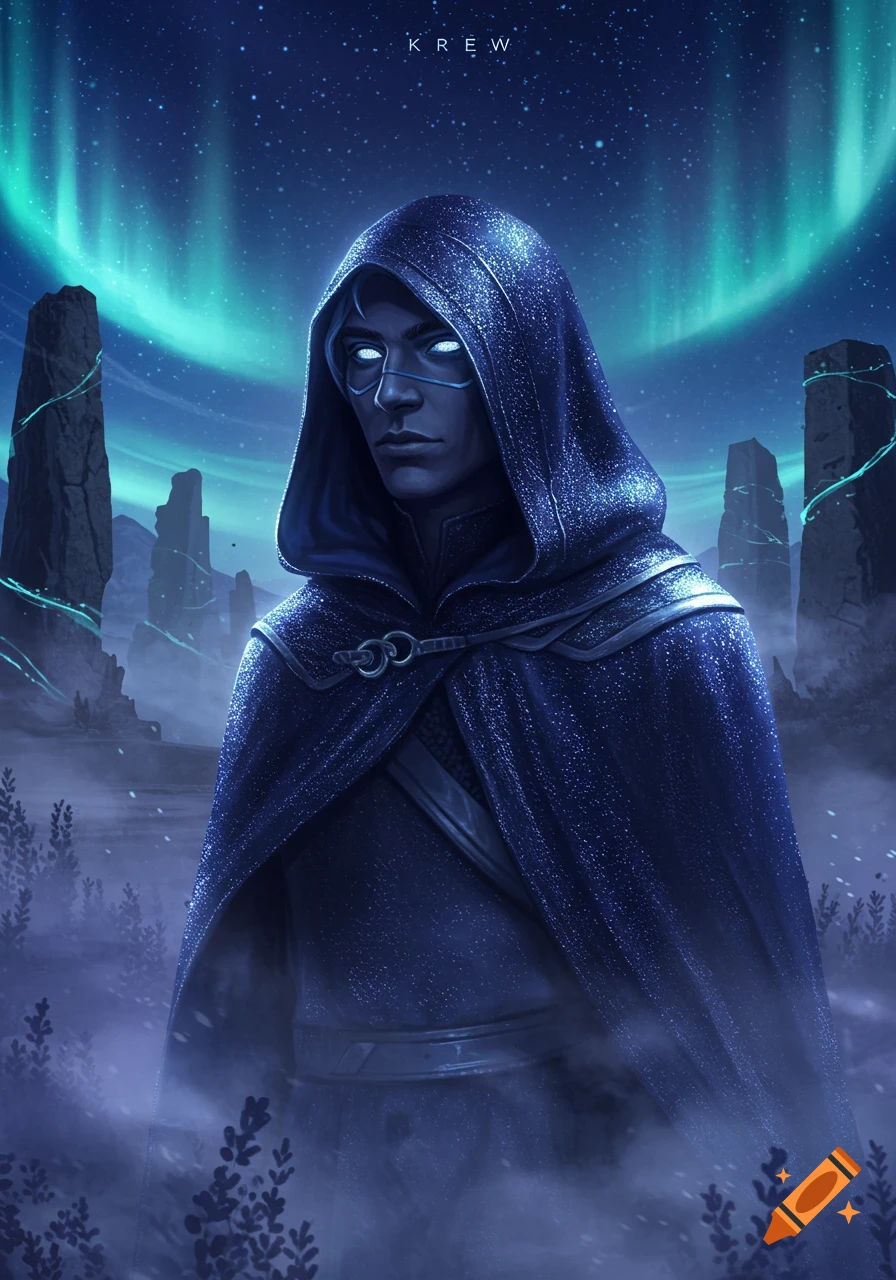 A blue-skinned hooded figure with glowing white eyes stands in a snowy fantasy landscape under a starry sky with aurora borealis and megaliths. Digital art.