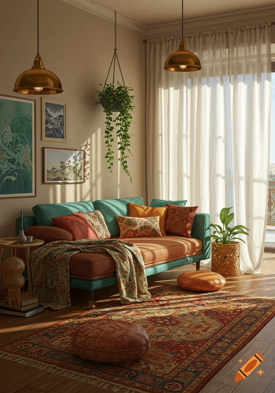 A warm, sunlit living room with a teal and orange sofa, patterned pillows and rug, hanging plants, and two brass pendant lights.