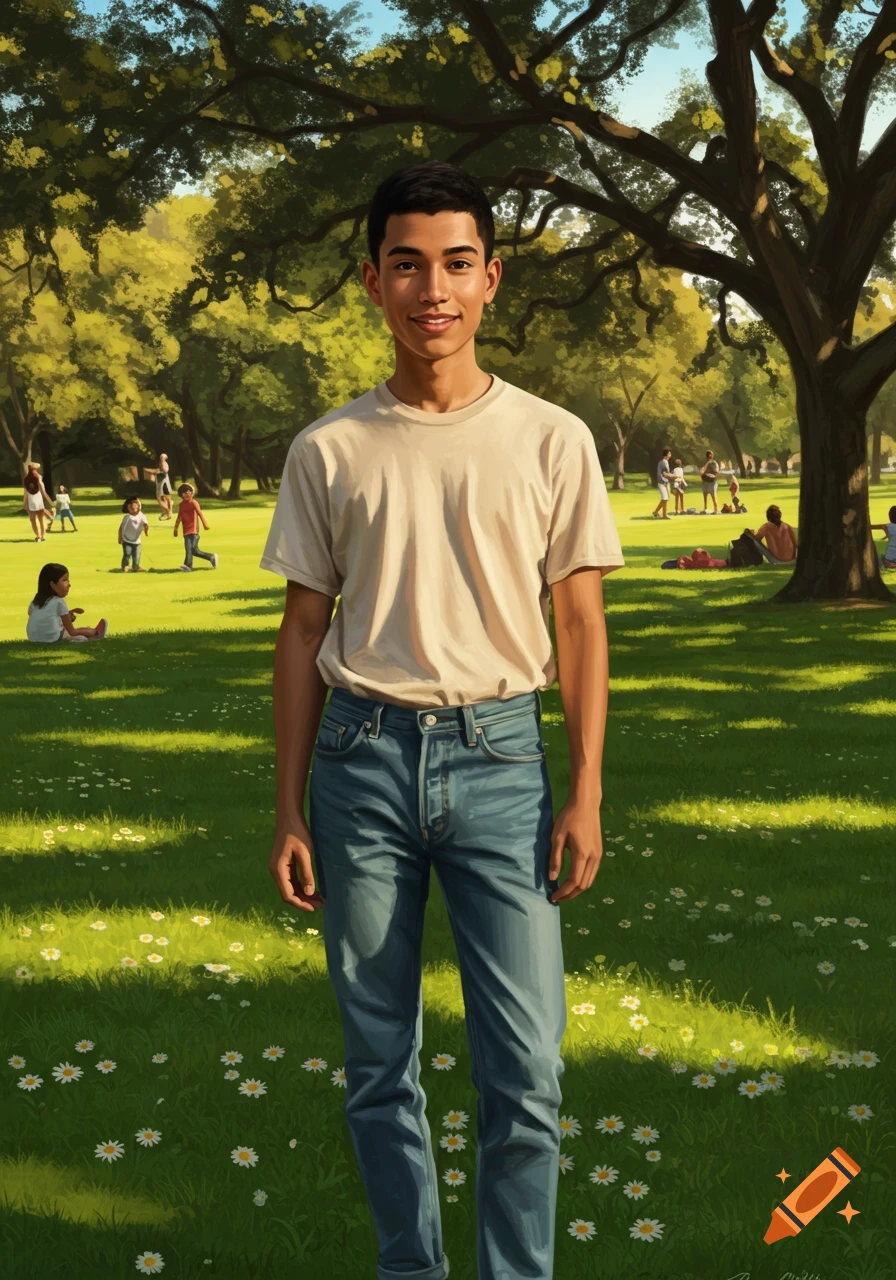 A young man with short black hair and a friendly smile stands in a sunny park with trees and other people in the background.