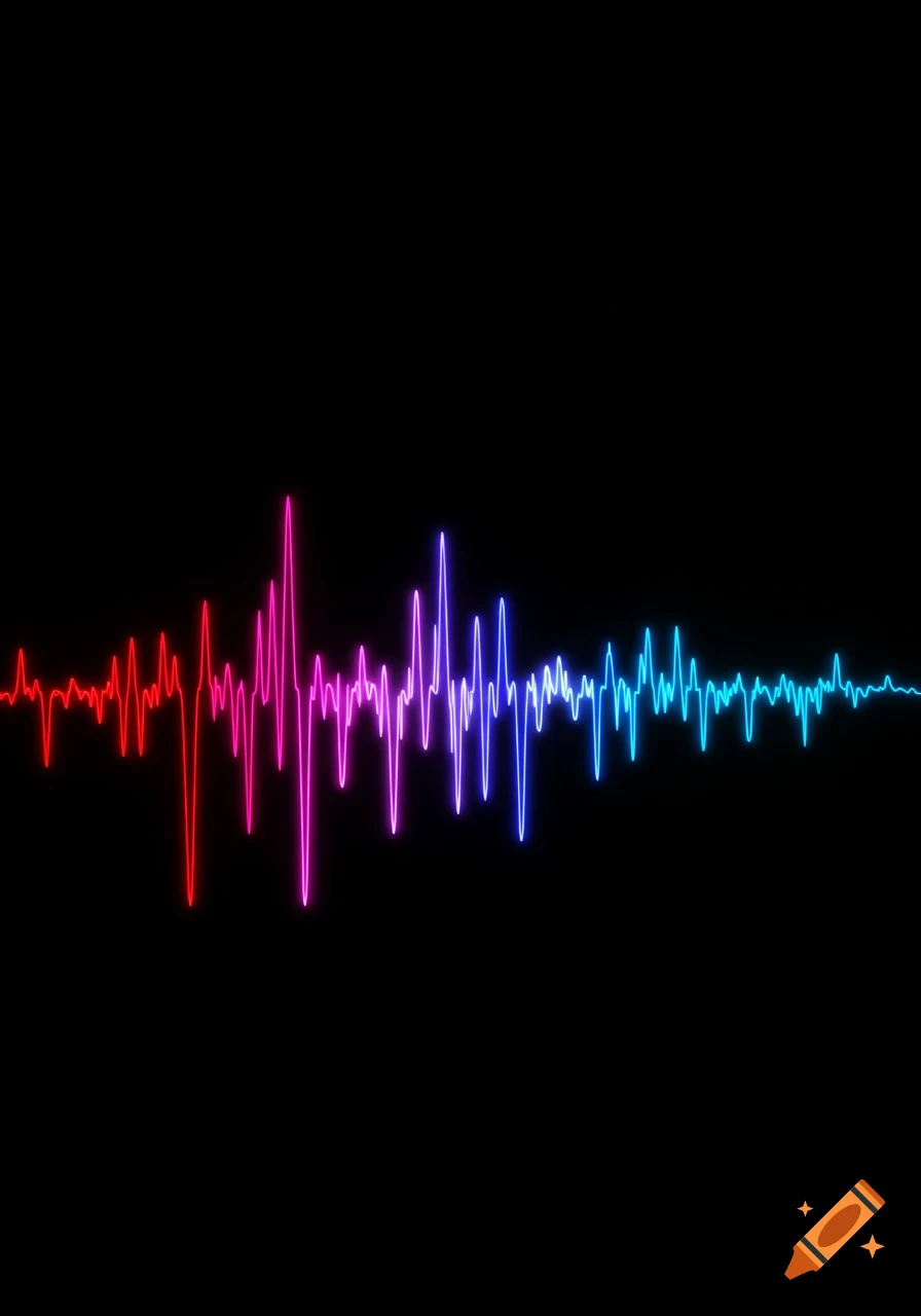 A vibrant, glowing sound wave gradient in red, pink, purple, and blue against a black background.