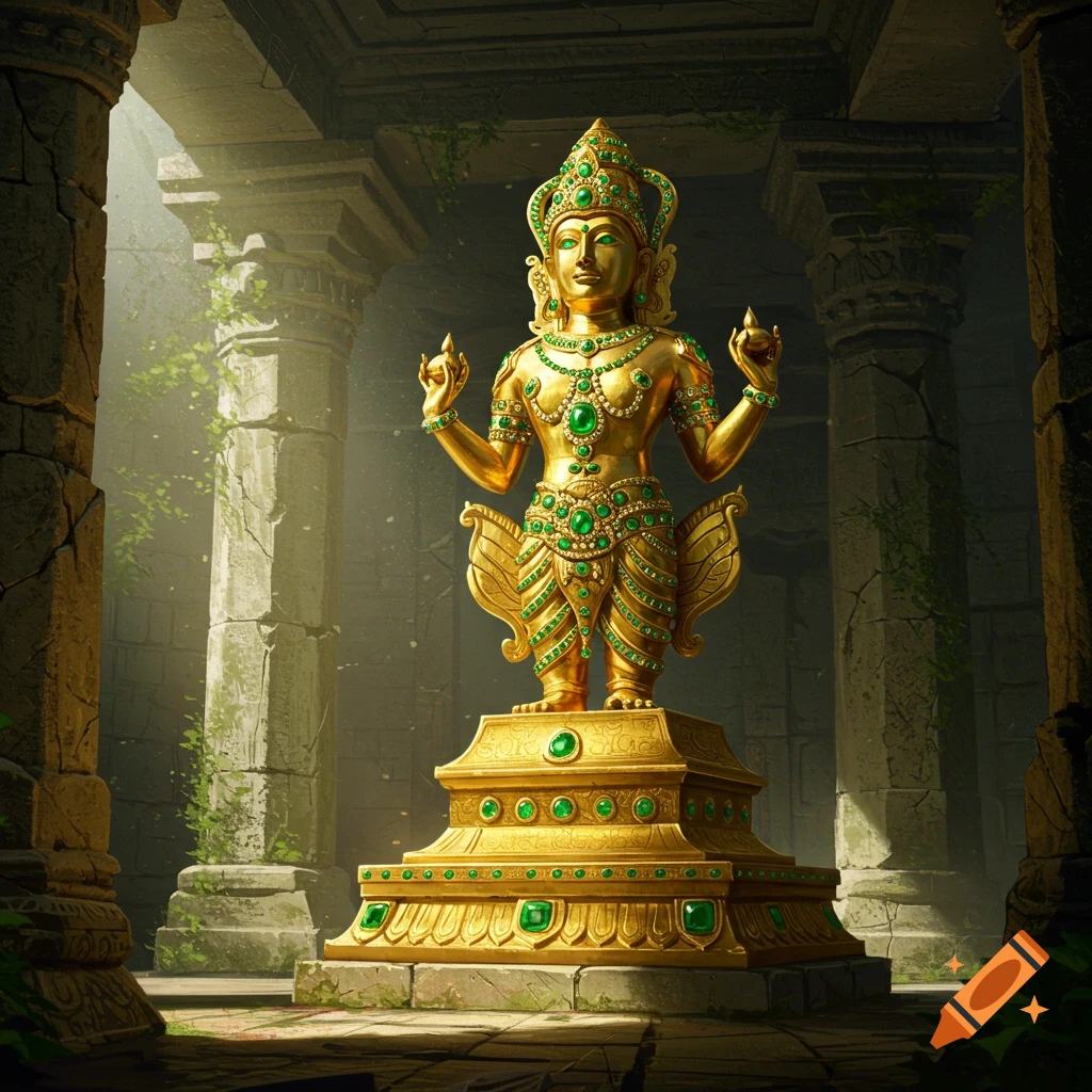 A majestic golden idol adorned with emeralds stands in a sunlit, overgrown ancient temple.