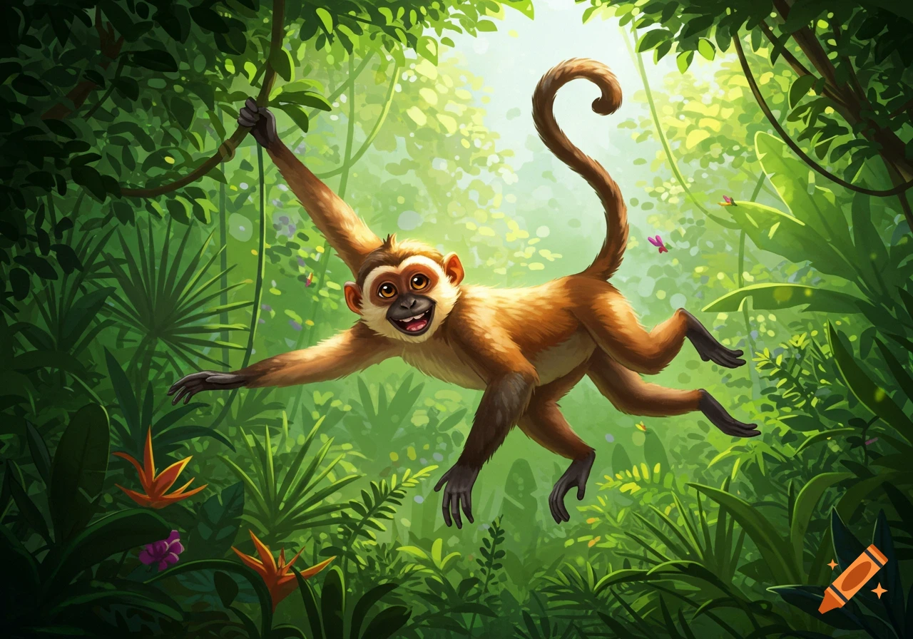 A happy cartoon monkey swings through a lush green jungle, holding onto a vine amidst vibrant green foliage.