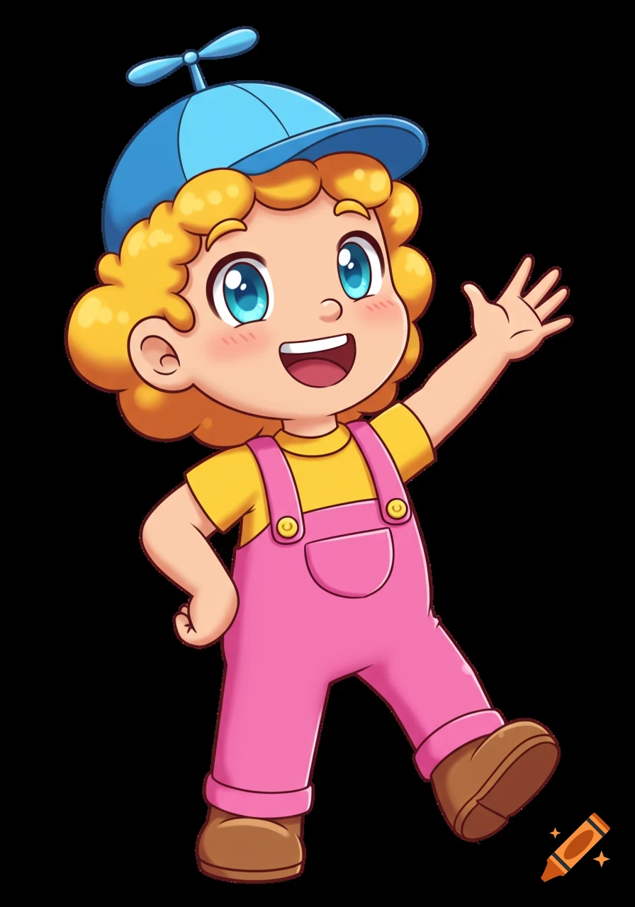 Cheerful cartoon child with blonde curly hair in a blue propeller hat and pink overalls, waving.