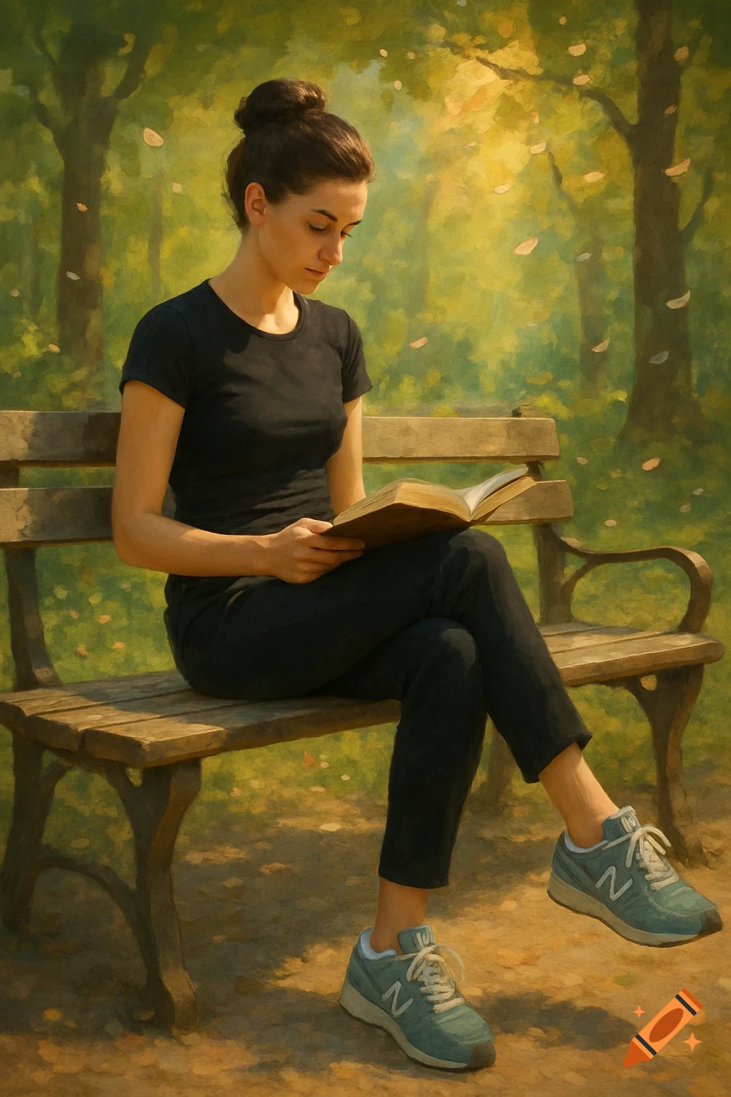 A young woman with a bun sits on a wooden park bench, reading a book. She wears a black shirt, black pants, and light blue sneakers. Painted art style.