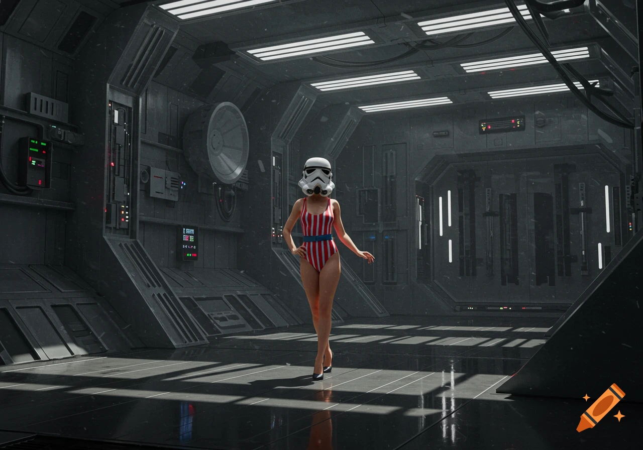 A woman in a red, white, and blue striped swimsuit and Stormtrooper helmet poses inside a dark, futuristic spaceship corridor.