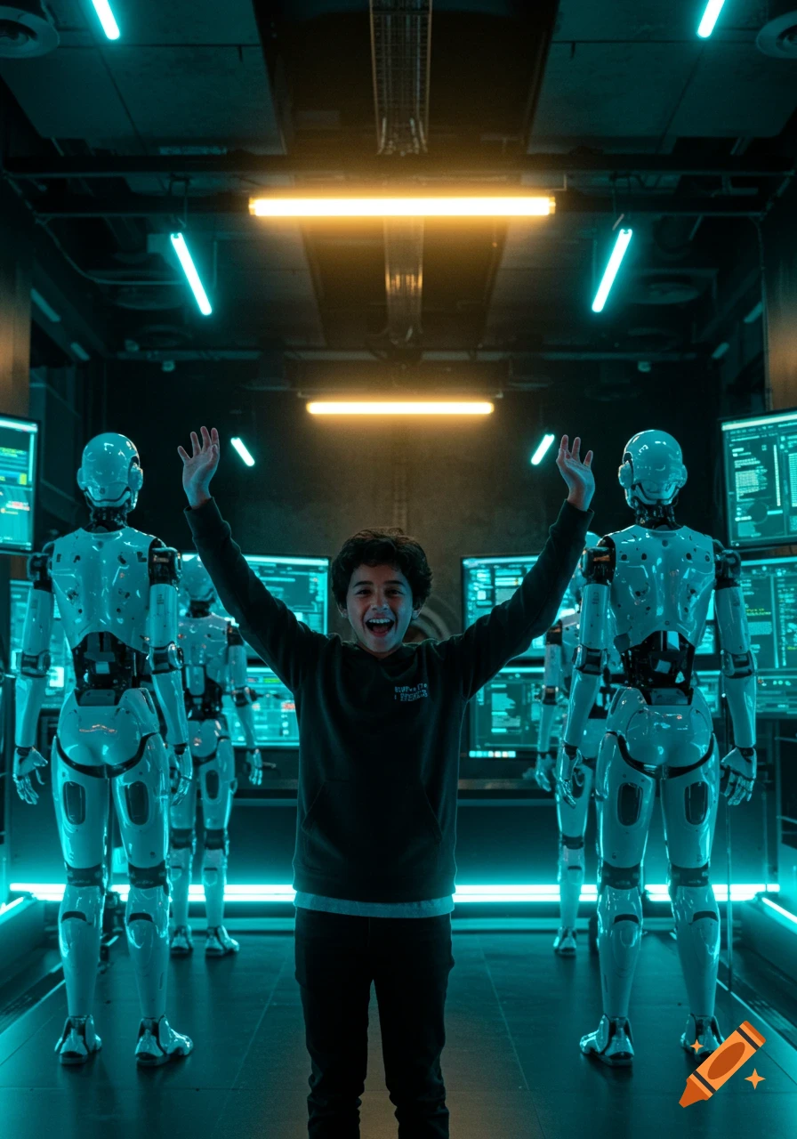 An excited boy with dark curly hair and a black hoodie stands with arms raised, surrounded by white robots and glowing computer screens in a futuristic room.