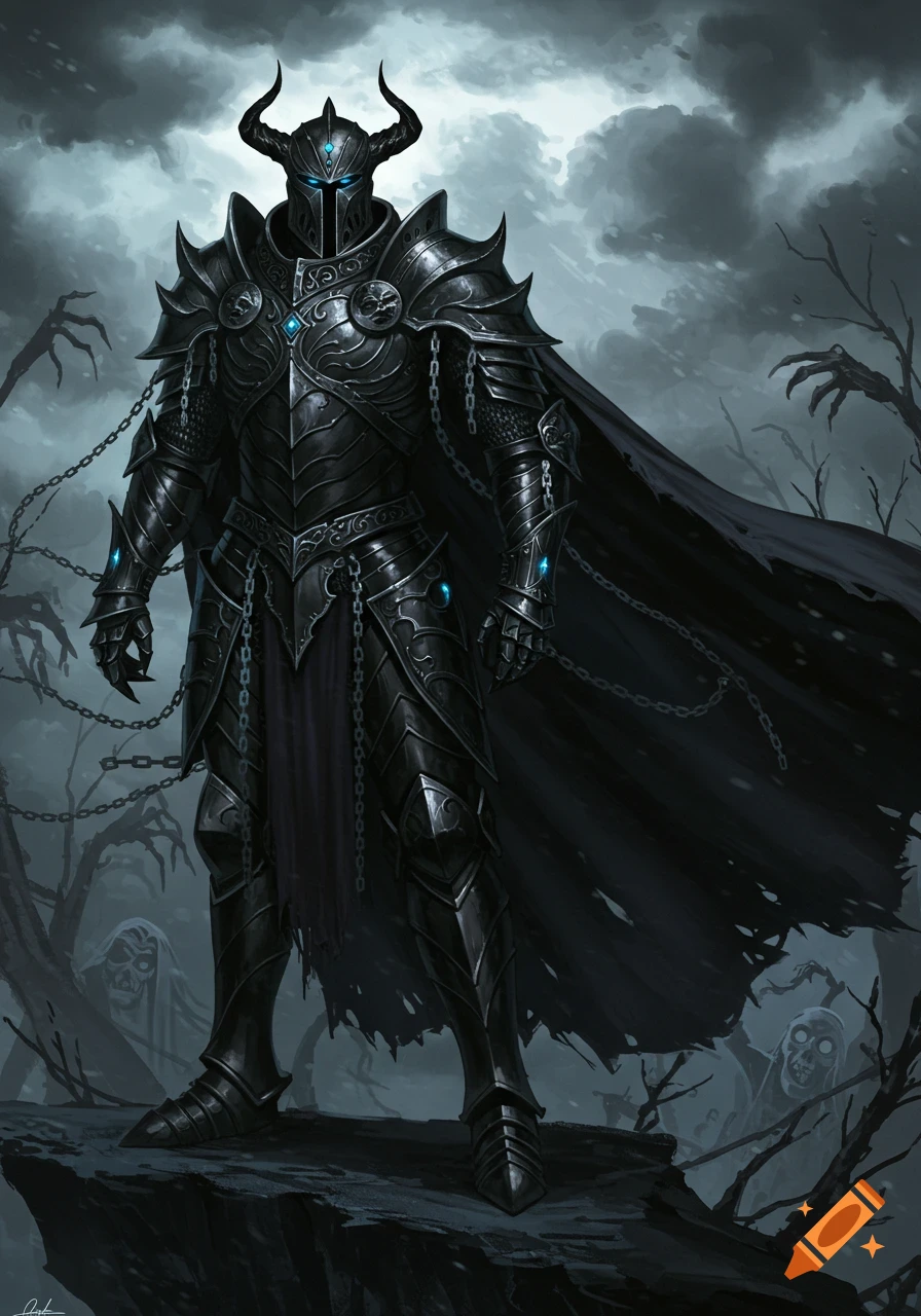 A dark fantasy knight in ornate black horned armor with glowing blue eyes and chains, a tattered cape, stands on a cliff.