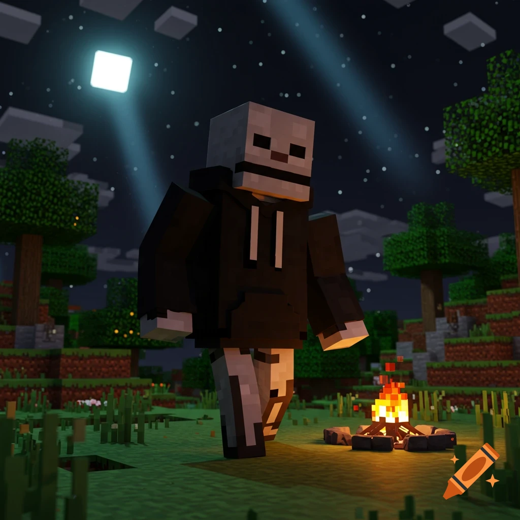 A blocky skeleton in a black hoodie stands near a campfire in a Minecraft-like forest at night, under moonlight.