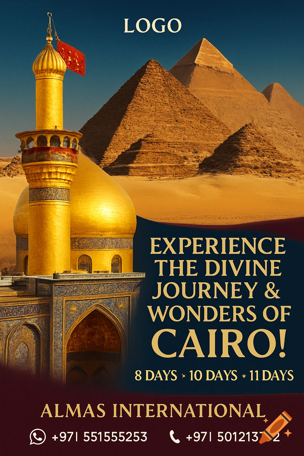 An elegant travel flyer featuring a golden mosque with a red flag, desert pyramids under a blue sky, and text promoting 'Experience the Divine Journey & Wonders of Cairo!' with tour details and contact information.