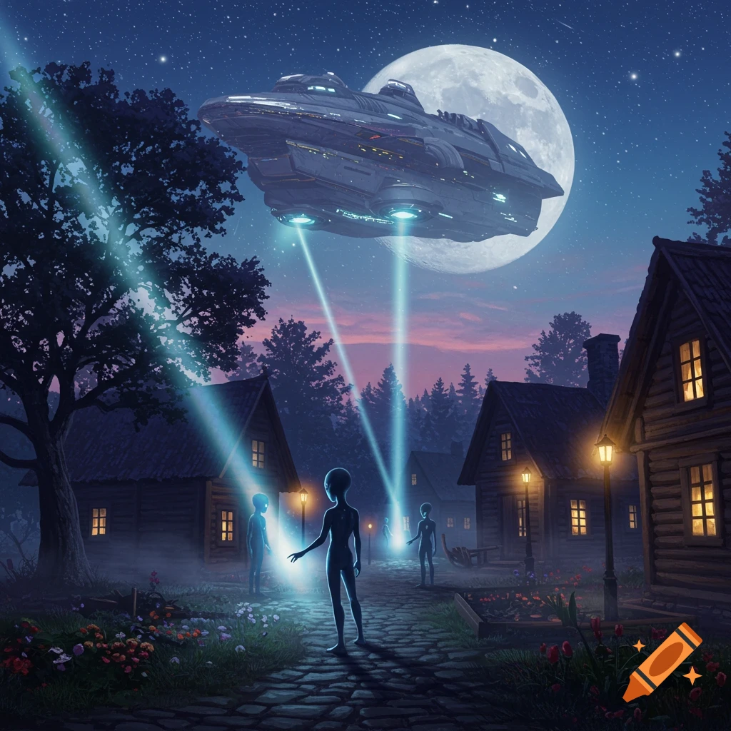 A large spaceship hovers over a moonlit village at night, with several grey humanoid aliens on a cobblestone path illuminated by beams.