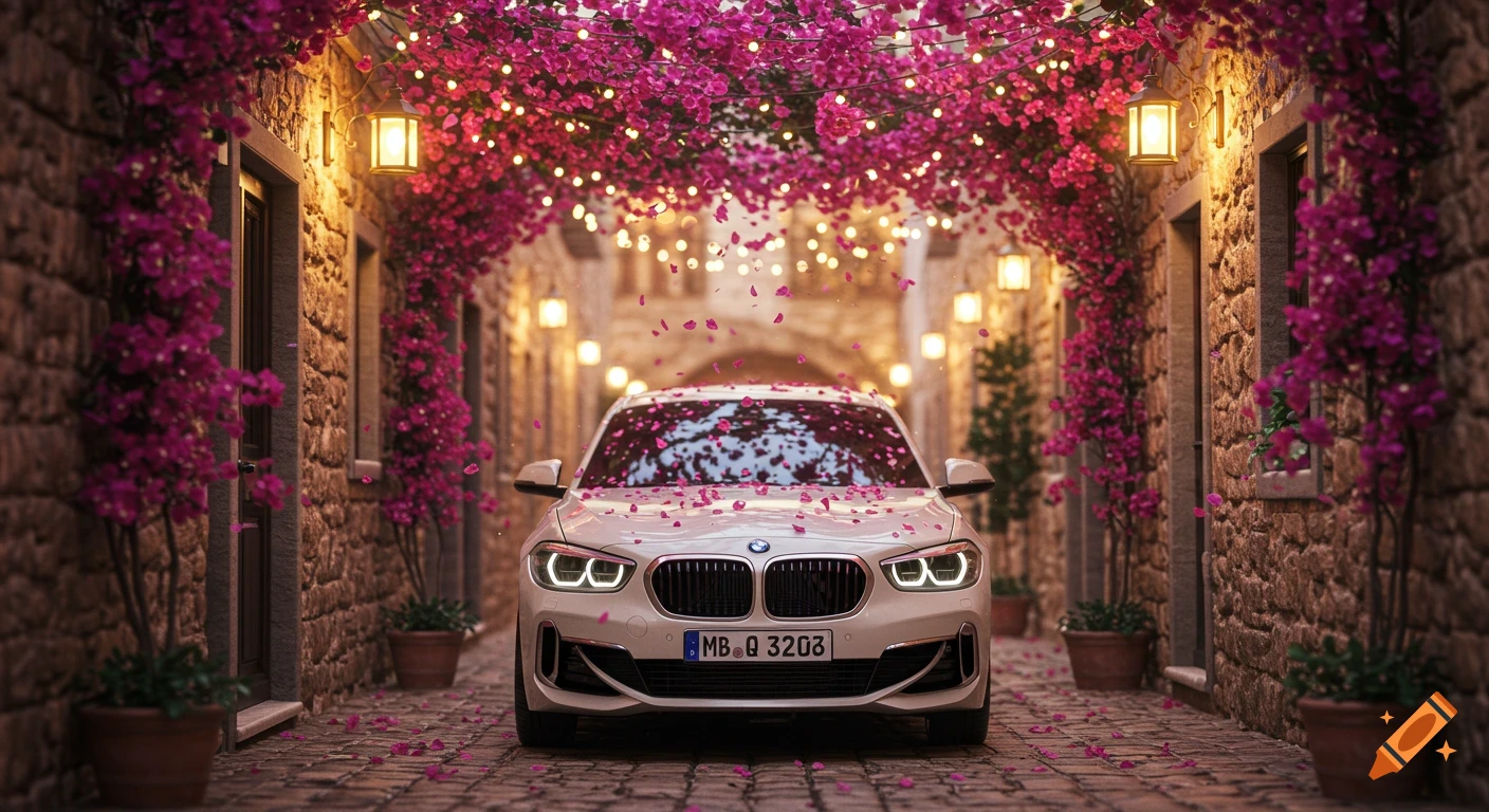White BMW car parked in a narrow, romantic stone alley adorned with vibrant pink bougainvillea and string lights, with petals falling.