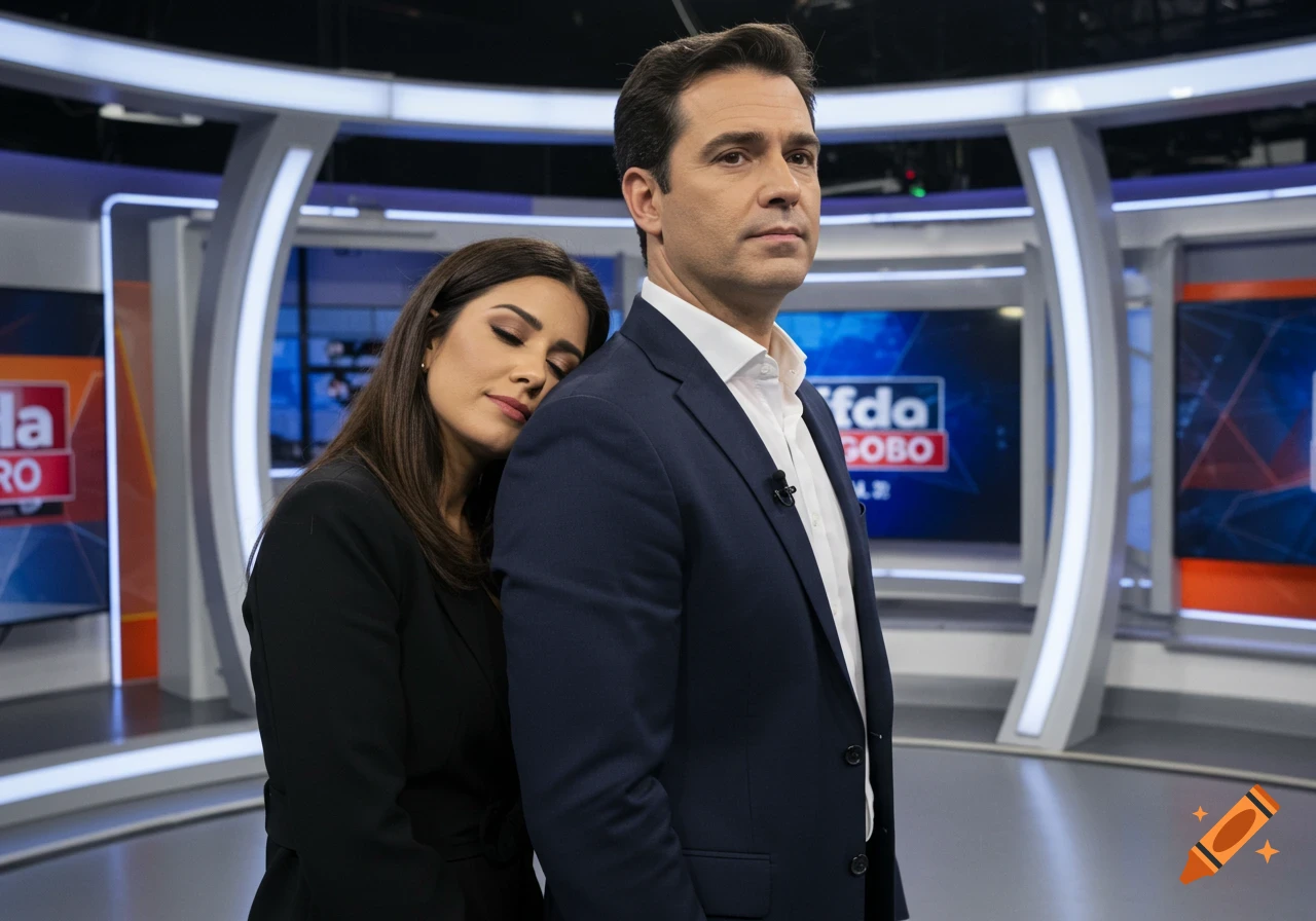 A man in a suit stands in a news studio, looking forward, as a woman with long dark hair leans her head on his shoulder with her eyes closed.