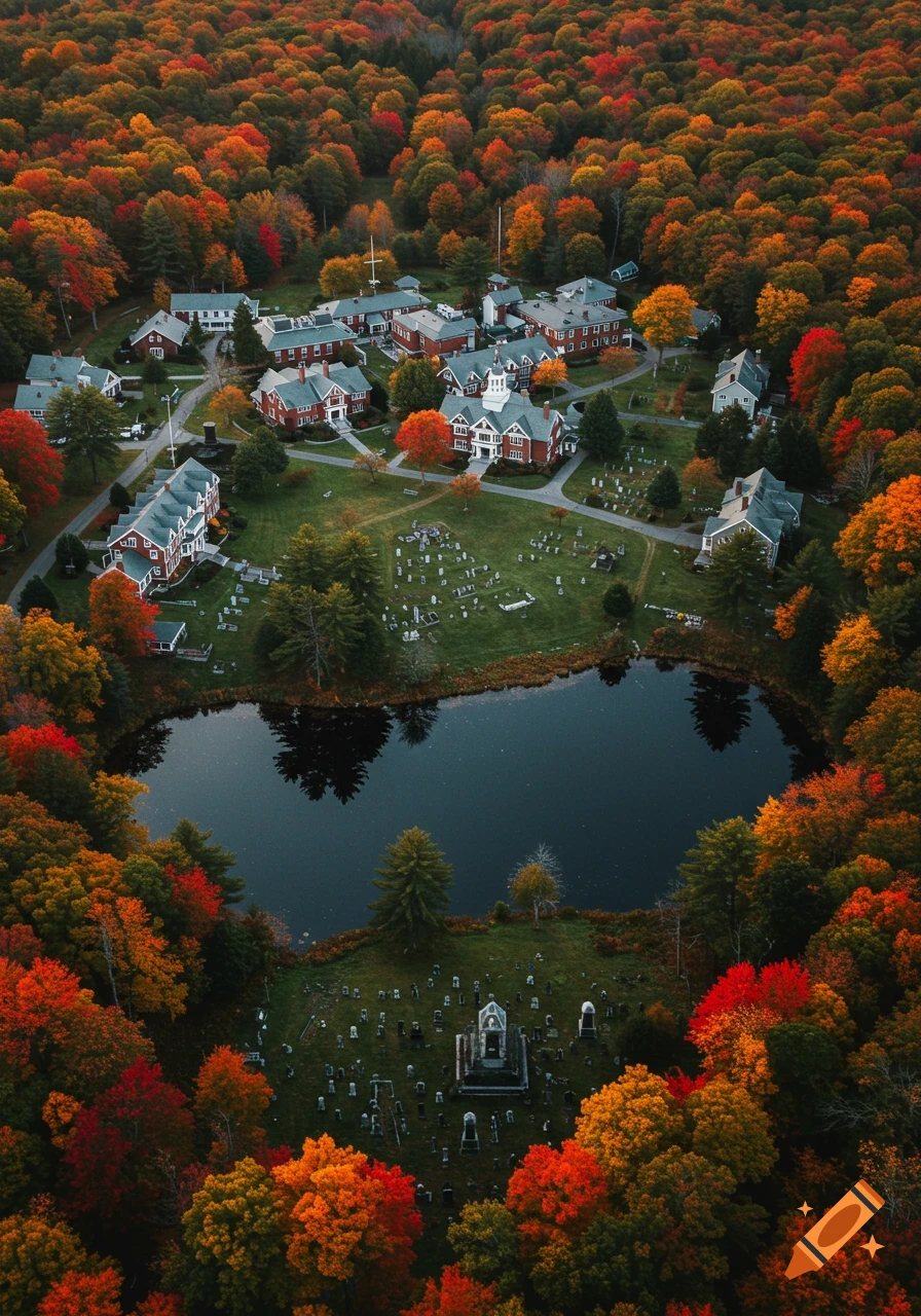 Aerial view of a New England boarding school campus, pond, and graveyard, surrounded by dense forest with vibrant autumn foliage.