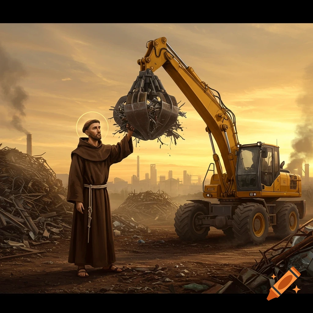 Saint Francis in a brown habit, with a halo, reaches up to touch the metal-filled claw of a large yellow excavator in a junkyard at sunset.