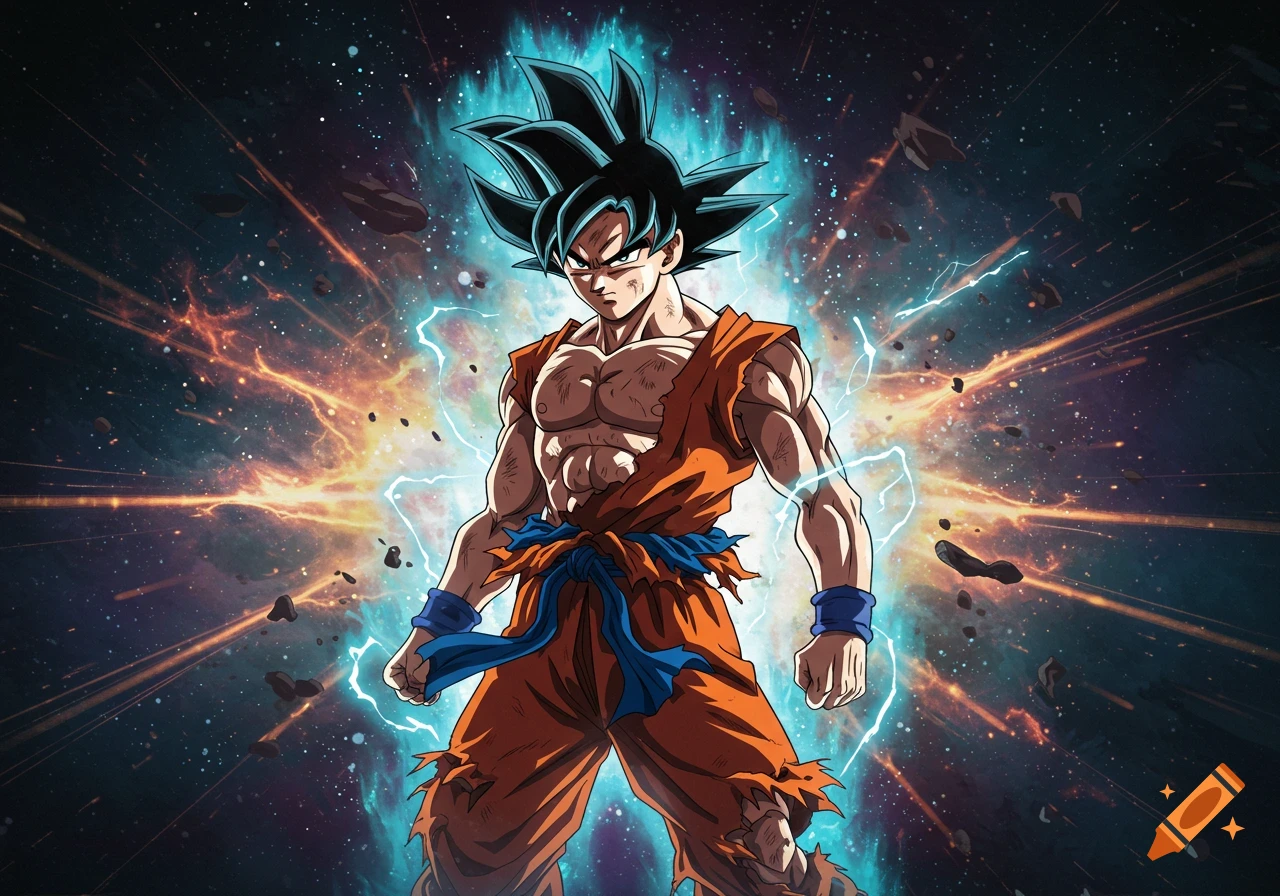 Anime art of Goku with black hair and blue aura, standing powerfully against a vibrant cosmic background.