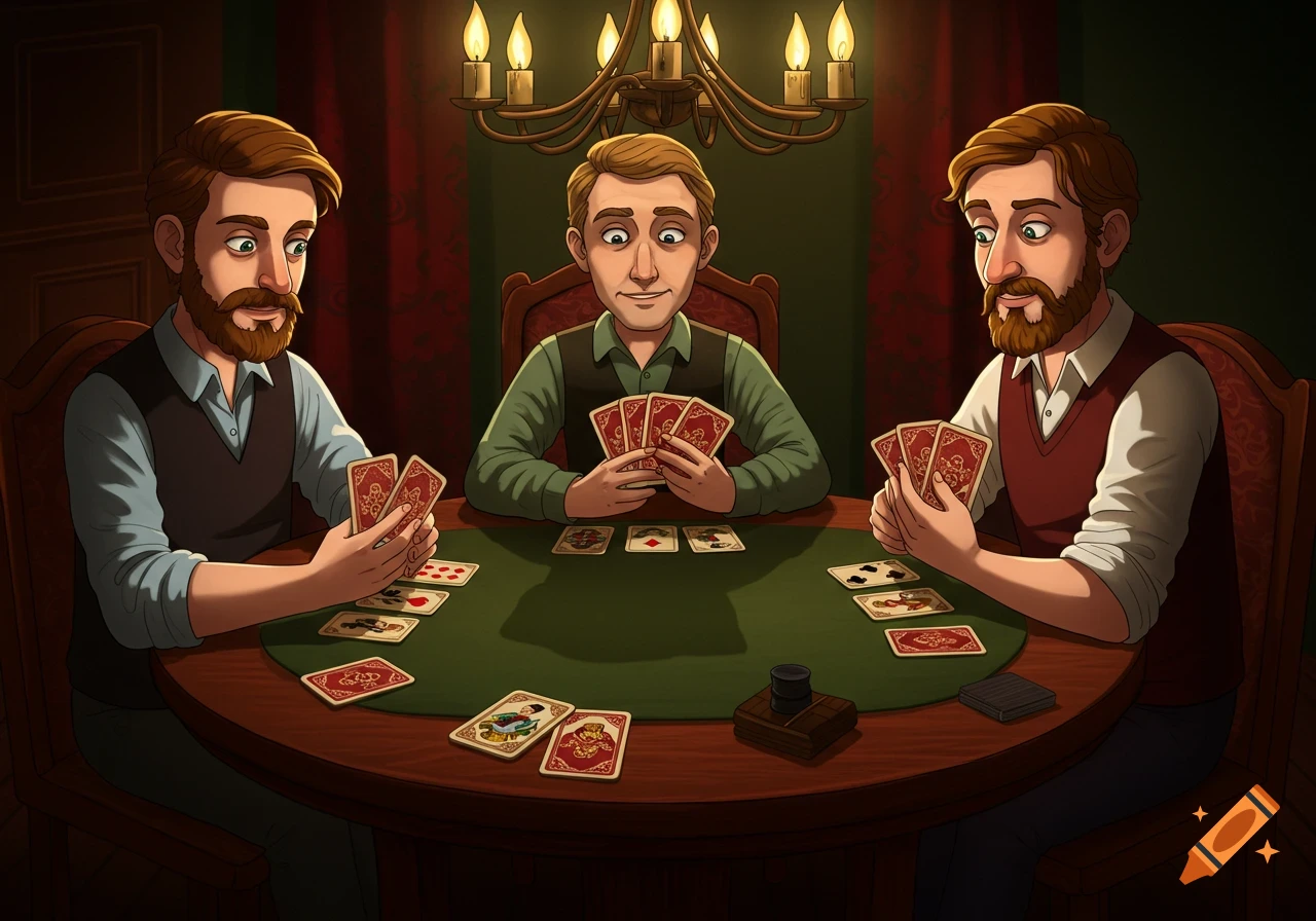Three men with beards play a card game around a green-felted table in a dimly lit room with a chandelier. The style is cartoonish.