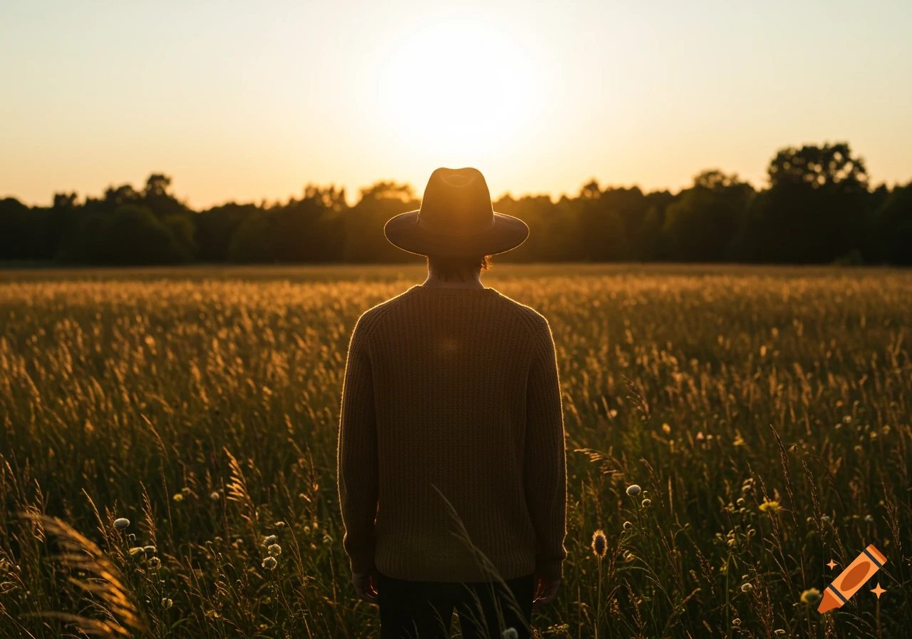 A person in a hat and sweater stands with their back to the camera in a golden field during sunset.