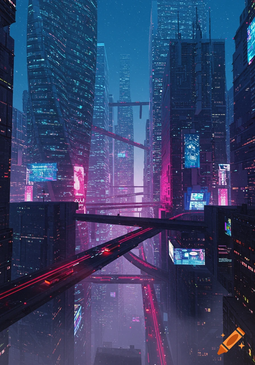 A vibrant cyberpunk cityscape at night with towering skyscrapers, glowing neon signs, and elevated roadways lit with red light trails.
