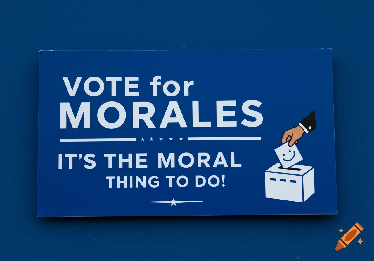 A blue political campaign sign reads "Vote for Morales. It's the Moral thing to do!" with a logo of a hand casting a happy ballot.
