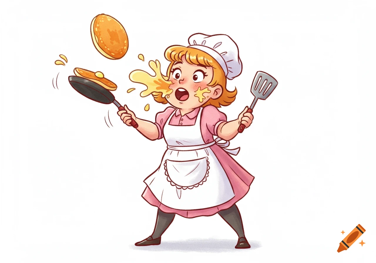 A cartoon chef in an apron juggles a pancake, getting batter splashed on her face, in a humorous illustration.