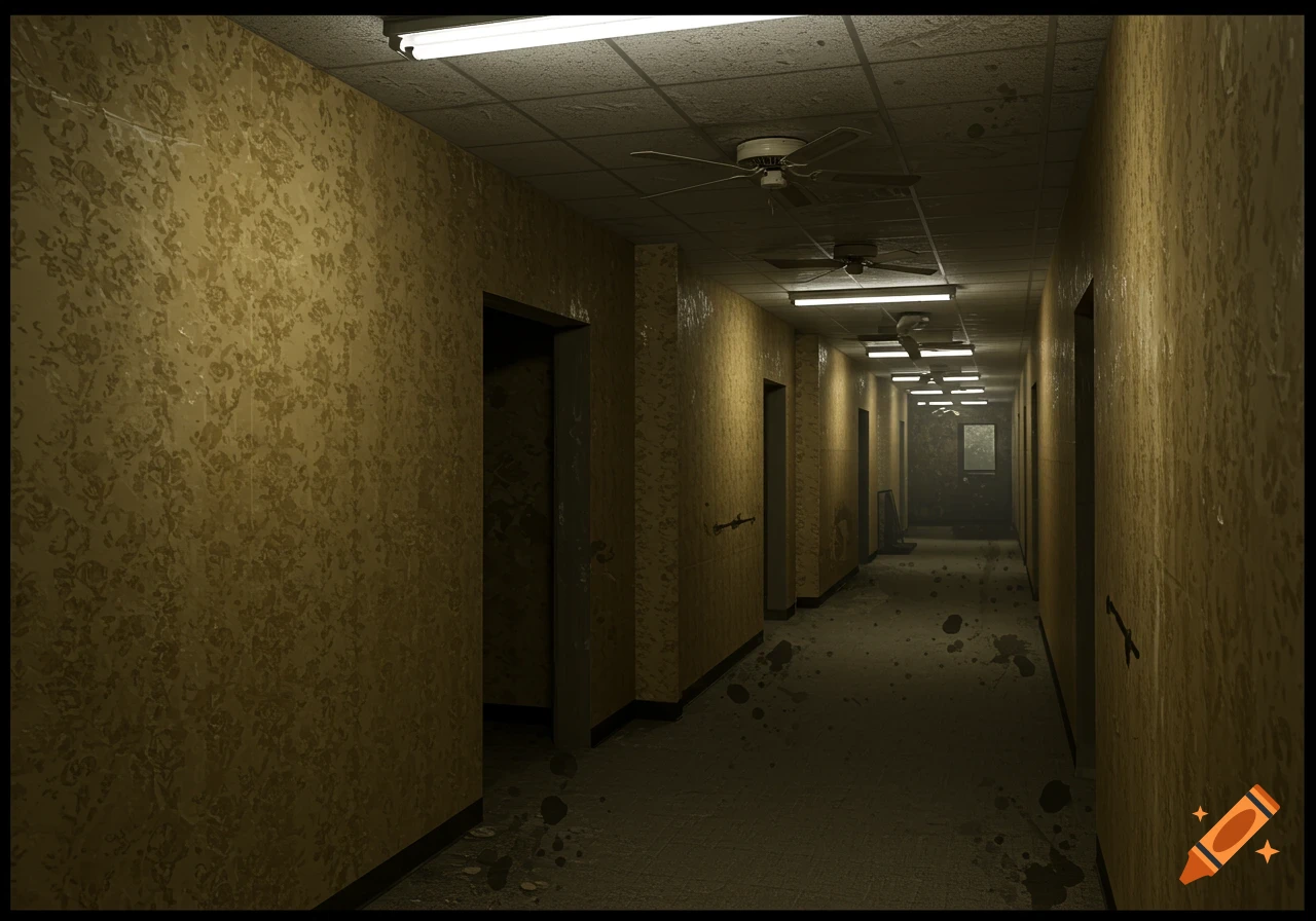 Eerie, dimly lit, abandoned-looking hallway with dirty patterned wallpaper, fluorescent lights, and ceiling fans, photorealistic style.