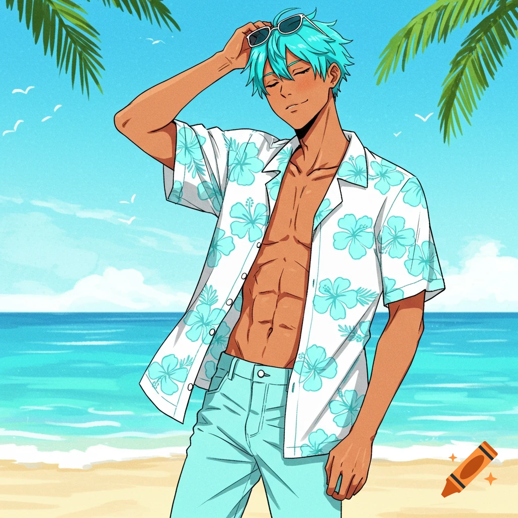 An anime guy with light brown skin and turquoise hair, wearing an open Hawaiian shirt and turquoise jeans on a sunny beach.