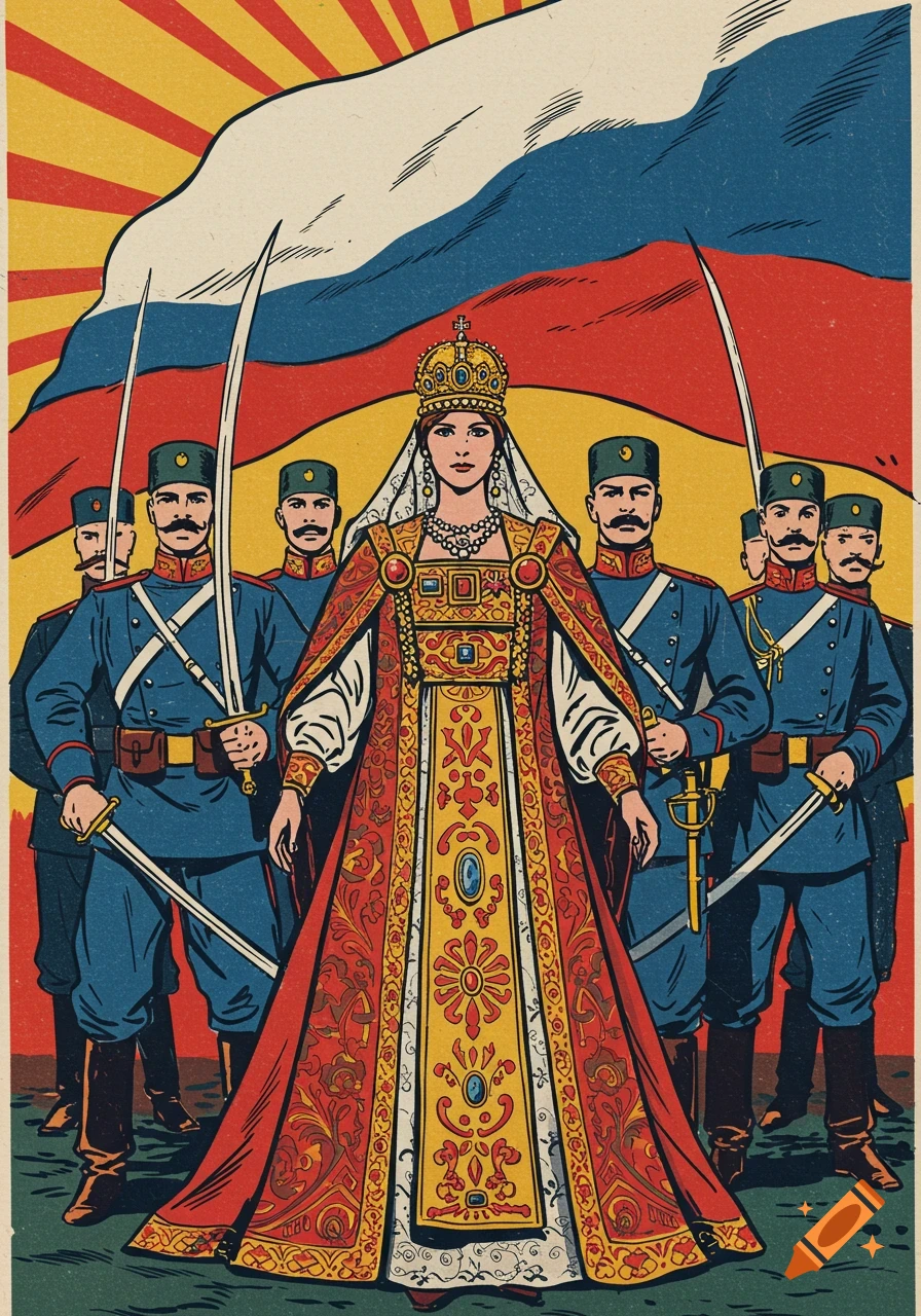 Comic style propaganda poster featuring a queen and soldiers with swords before a Russian flag.