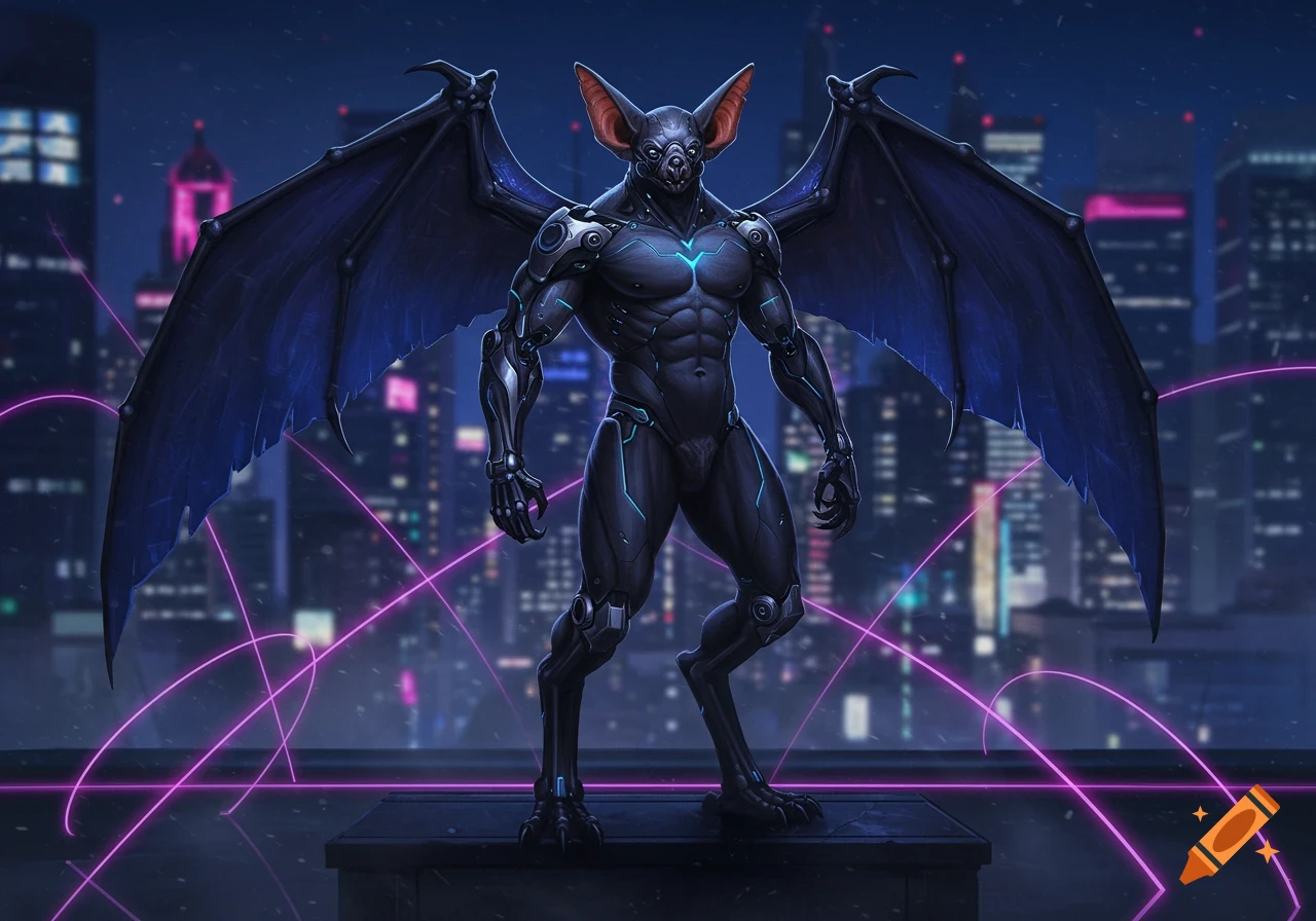 Muscular cyborg bat-man with large wings standing on a city rooftop at night with neon lights and purple energy.
