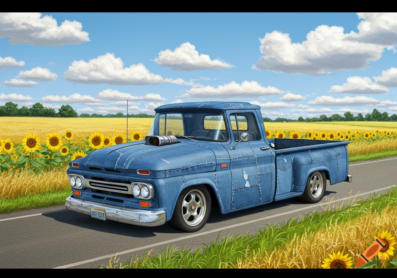 A blue denim-textured pickup truck drives on a road through a field of yellow sunflowers under a blue sky.