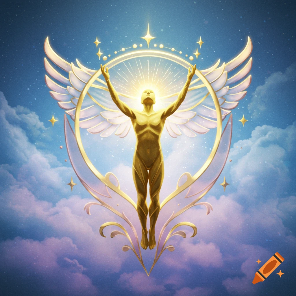 Stylized golden figure with raised arms, white wings, and a radiant halo against a blue, starry, cloudy sky.