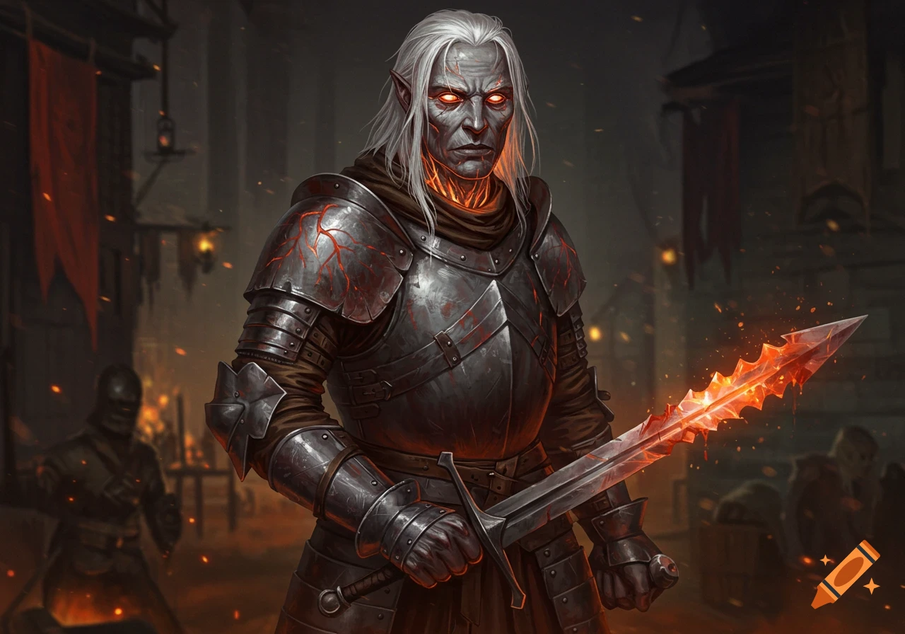 Grey-skinned, white-haired fantasy warrior with glowing red eyes in detailed armor holds a jagged, glowing sword in a dark medieval setting.
